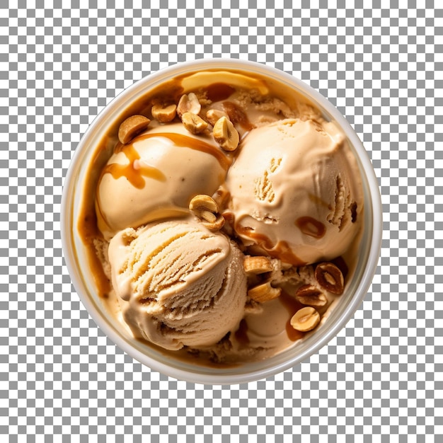 Tasty peanut butter ice cream bowl isolated on transparent background