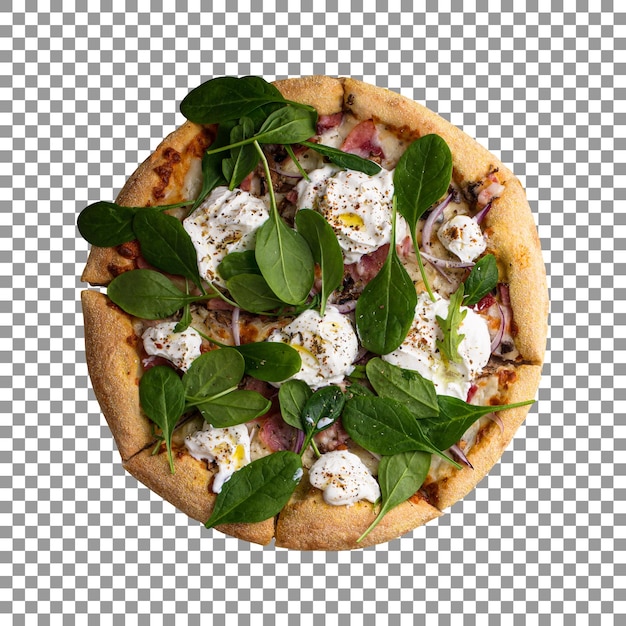 Tasty pizza with cheese and spinach on transparent background