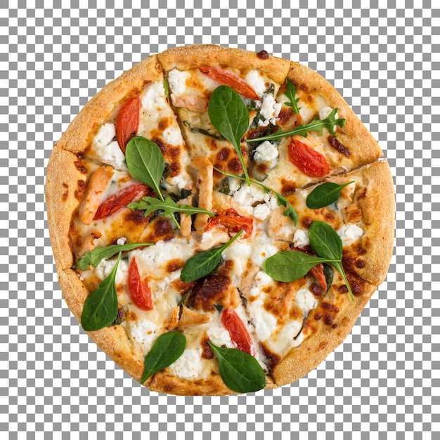 Tasty pizza with cheese and tomato spinach on transparent background