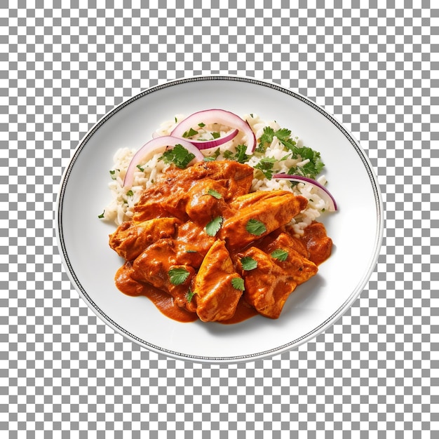 Tasty plate of butter chicken with rice isolated on transparent background