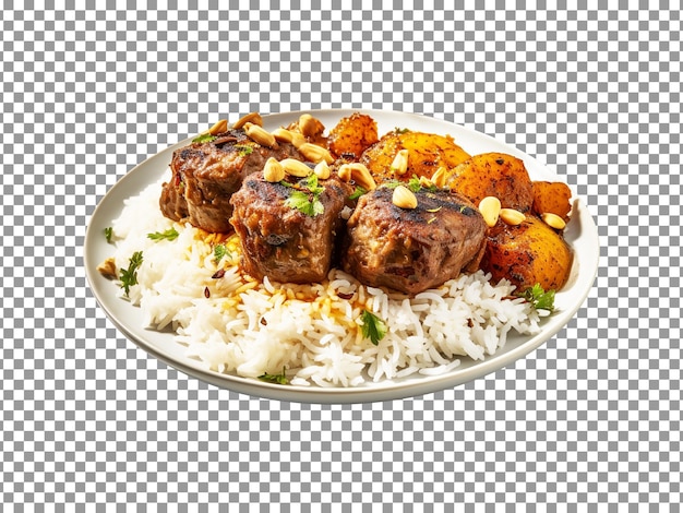 Tasty plate of meat balls with rice isolated on transparent background