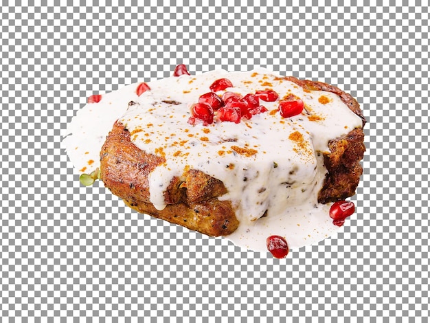 Tasty pork chop dipped in cream with pomegranate seeds on transparent background