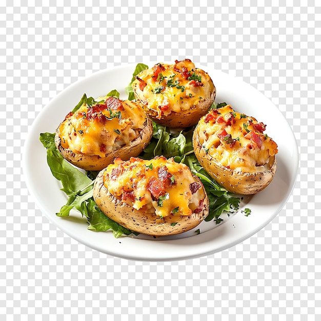 Tasty potatoes stuffed with bacon cheese and lettuce on a clear transparent layer