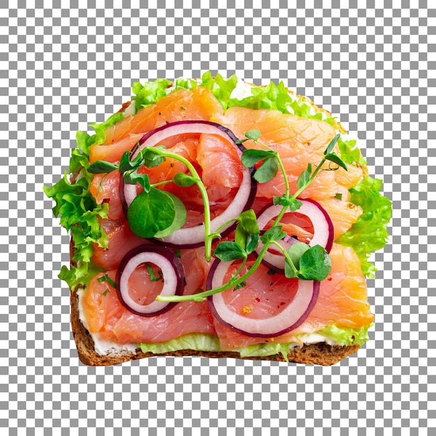 Tasty sandwich with salmon and vegetables on transparent background