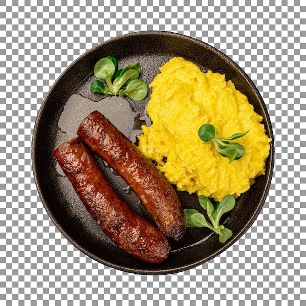 Tasty sausages served with polenta isolated on transparent background