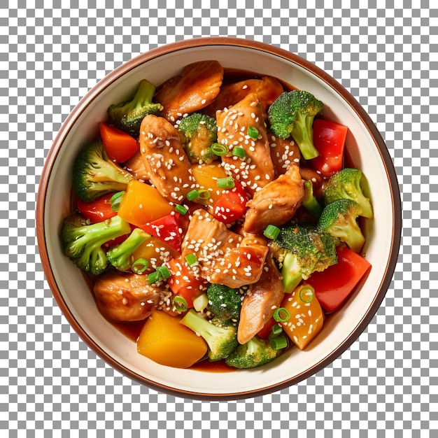 Tasty sesame seed chicken with vegetables on transparent background