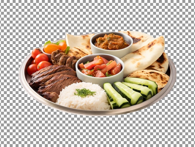 Tasty shawarma platter with vegetables and sauces on transparent background