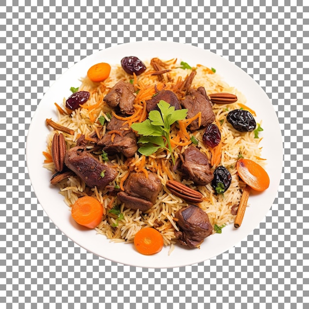 Tasty spicy kabuli pulao with beef and vegetables on transparent background