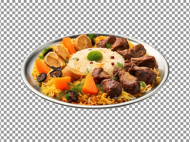 Tasty spicy kabuli pulao with beef and vegetables on transparent background