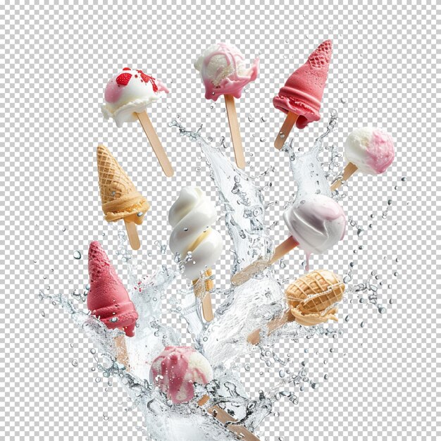 Tasty strawberry sundae melty caramel ice cream with chocolate isolated on transparent background