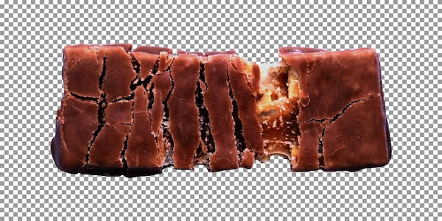 Tasty stretched chocolate bar with caramel filled on transparent background