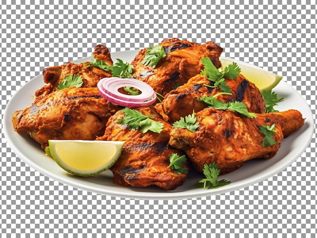 Tasty tandoori chicken plate with vegetable and lime slices on transparent background