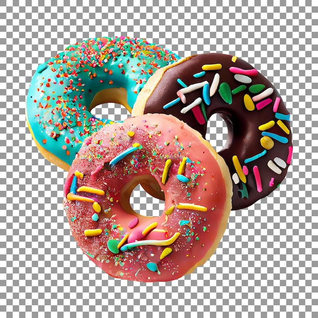 Tasty three donuts with sprinkles on transparent background