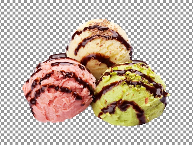 Tasty three ice cream scoops with a chocolate drizzle isolated on transparent background