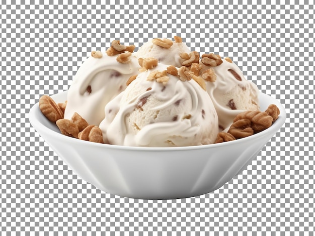 Tasty vanilla ice cream with nuts on transparent background