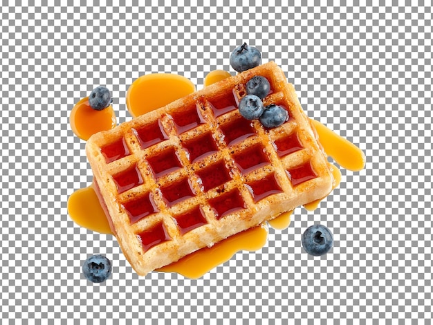 Tasty waffle with caramel and blueberries on transparent background