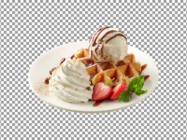 Tasty waffles with berries and ice cream scoops in white plate on transparent background