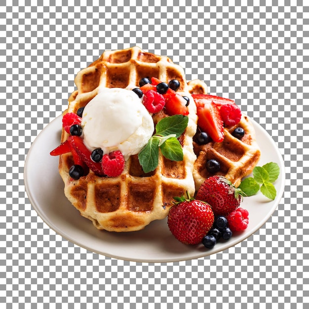 Tasty waffles with berries in white plate on transparent background