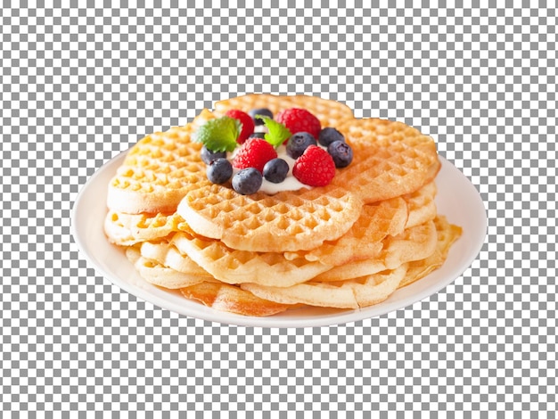 Tasty waffles with blueberries and strawberries on a plate with transparent background