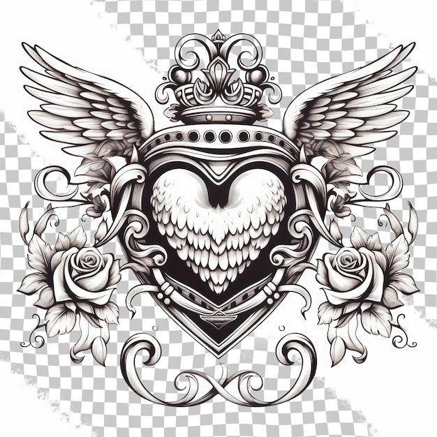 PSD tattoo flying heart with crown and forged ornament tattoo heart with wings ribbon and flowers tat