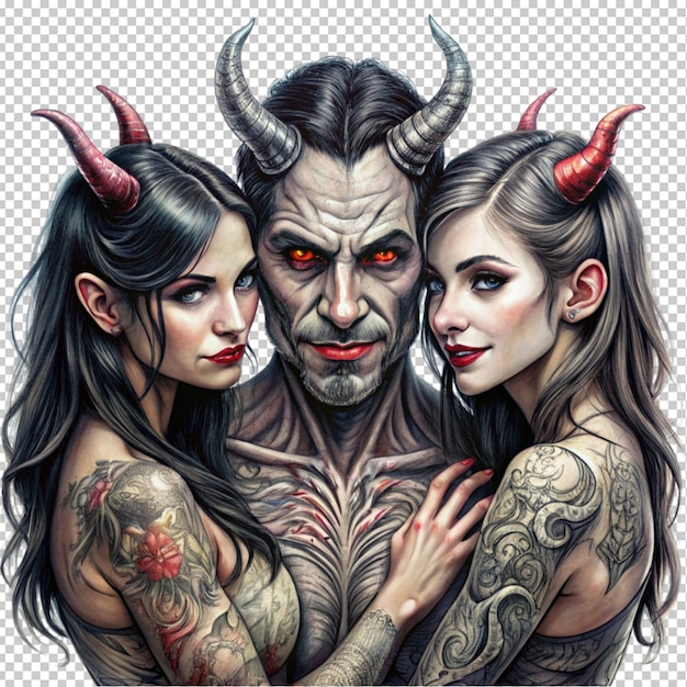 PSD tattoo sketch art demon with two goth girls