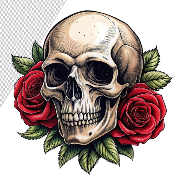 PSD tattoo and t shirt design skull and rose hand draw isolated on transparent background