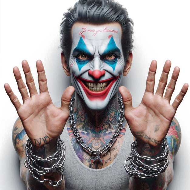 PSD tattooed rough joker head character as social media avatar template on white backdrop