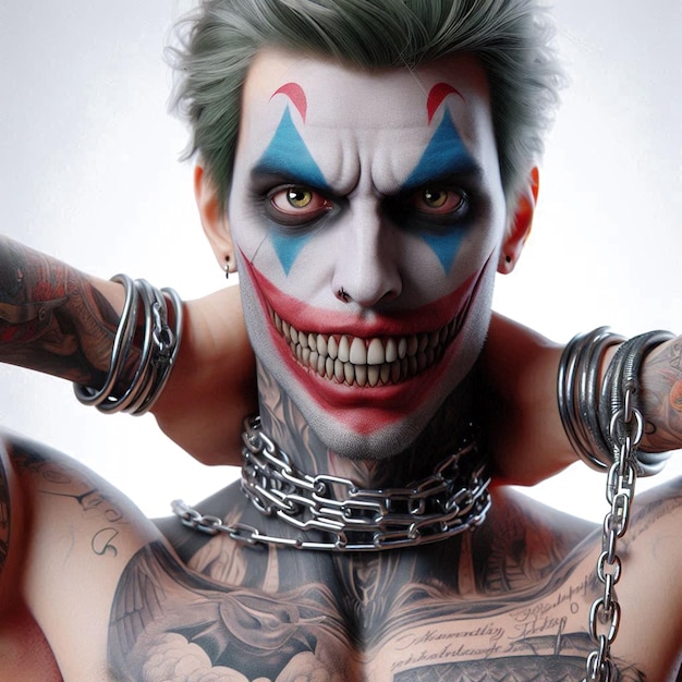 PSD tattooed rough joker head character as social media avatar template on white backdrop