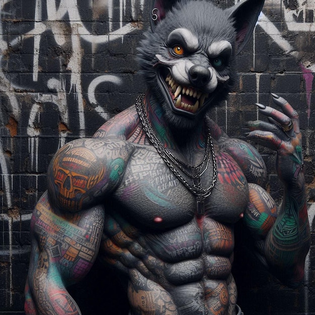 PSD tattooed rough lycan werewolf head character as social media avatar template on white backdrop