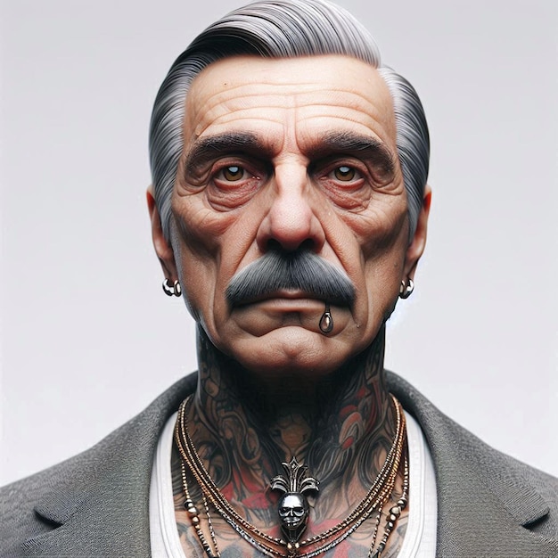 PSD tattooed rough mafia member head character as social media avatar template white backdrop