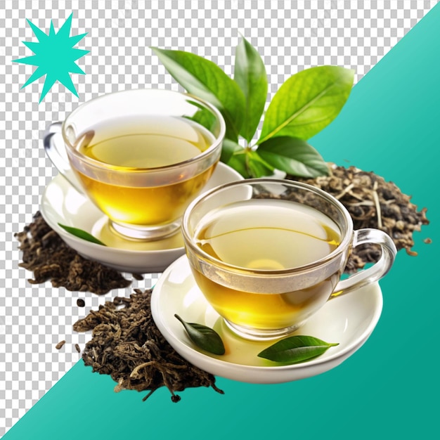 tea cups and green tea on transparent background