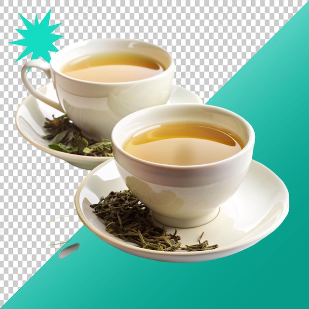 tea cups and green tea on transparent background