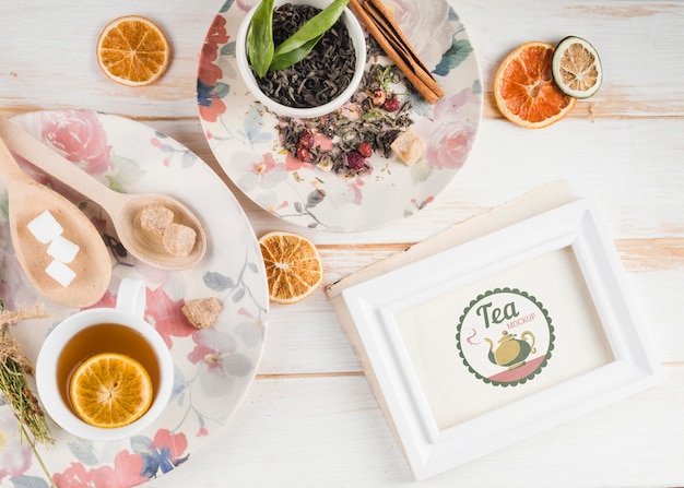 PSD tea mock-up with citrus and herbs