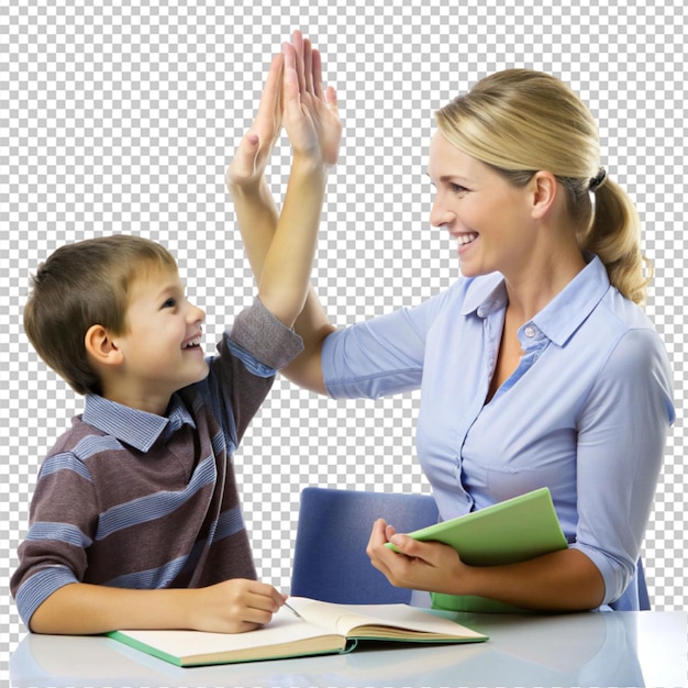 PSD teacher and boy giving high five