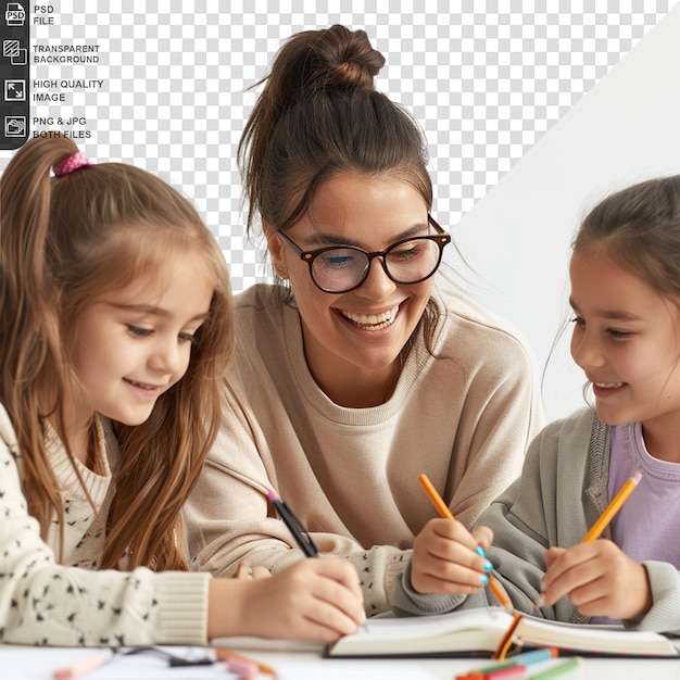 PSD teacher helping children with school work on transparent background