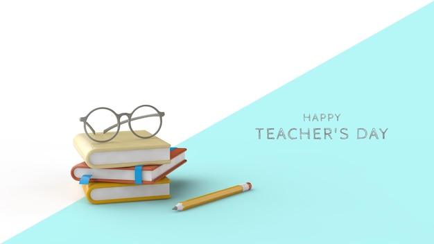 Teachers Day  greeting card PSD template 3d render Books  notebooks pencil and teacher glasses