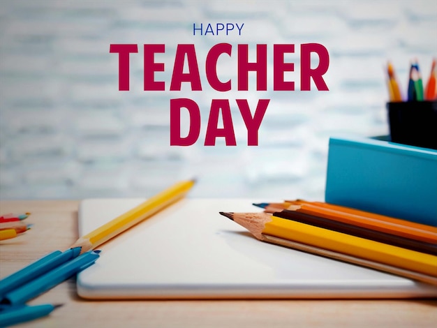 TEACHERS DAY POSTER WITH PENCIL BOOK AND BALLPOINT BACKGROUND ON THE EDGE OF THE WHITEBOARD