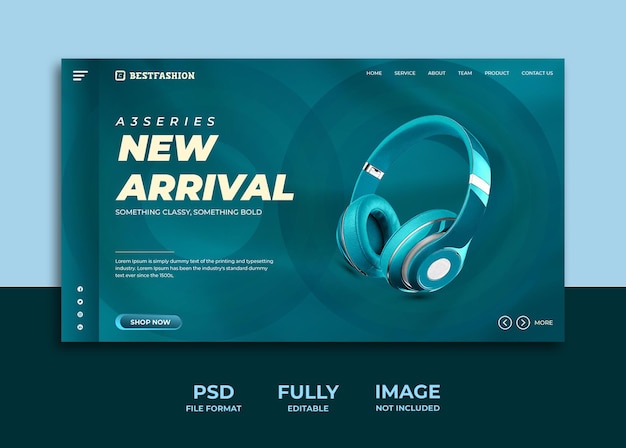 Teal color Headphone brand product landing page or banner template Premium Psd