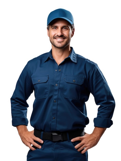 technical man wear blue uniform in white background