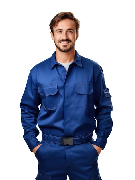 technical man wear blue uniform in white background