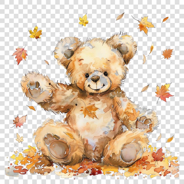 teddy bear in autumn leaves nuresery watercolor