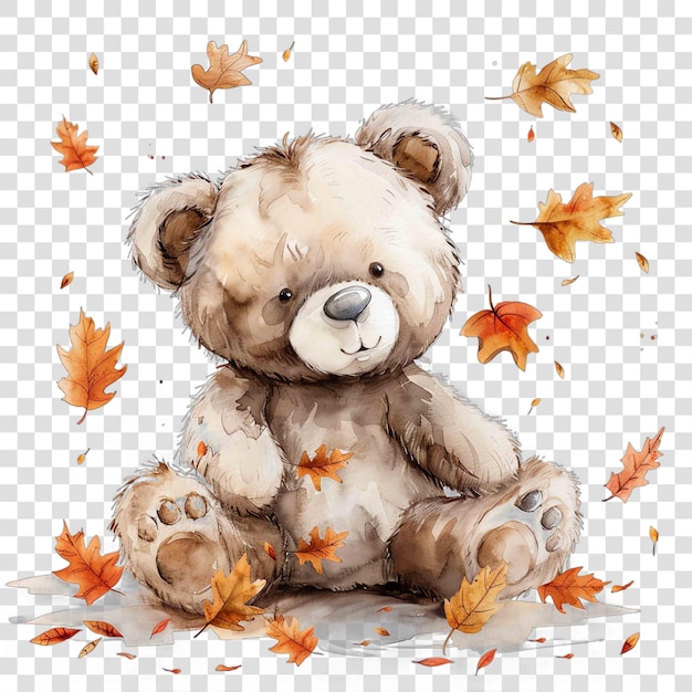 teddy bear in autumn leaves nuresery watercolor