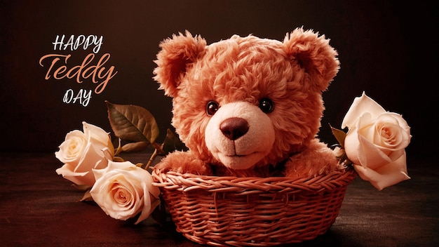 a teddy bear in a basket with roses and a teddy bear