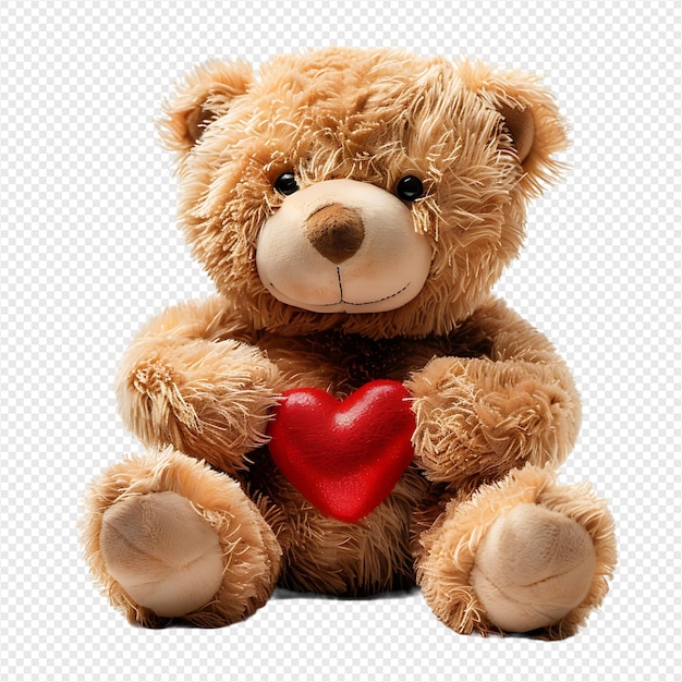 Teddy bear holding heart on isolated transparent background