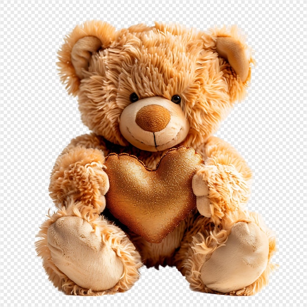 Teddy bear holding heart on isolated transparent background