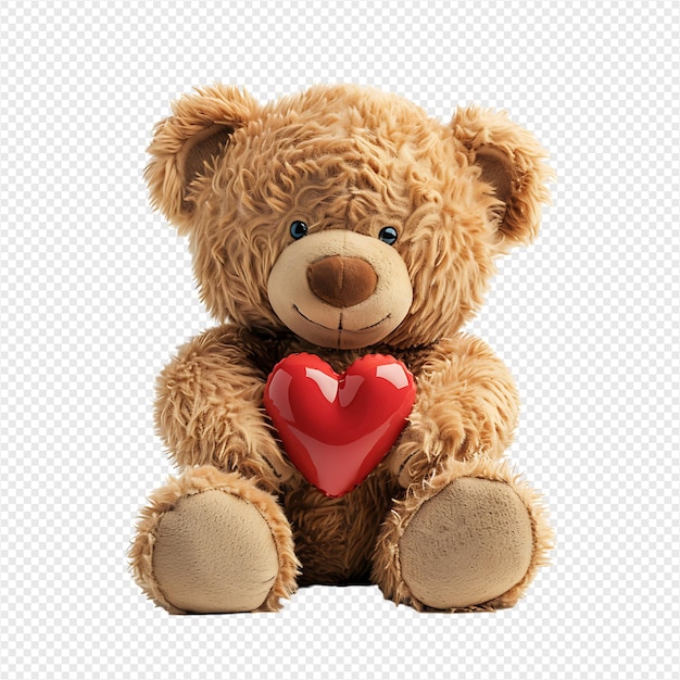 Teddy bear holding heart on isolated transparent background