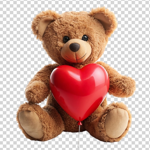 Teddy bear holding red heart balloon isolated on transparent background