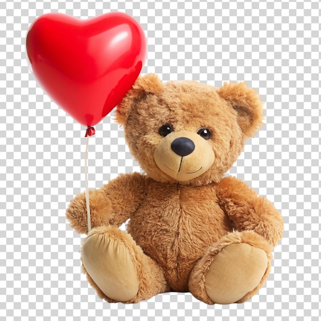 Teddy bear holding red heart balloon isolated on transparent background