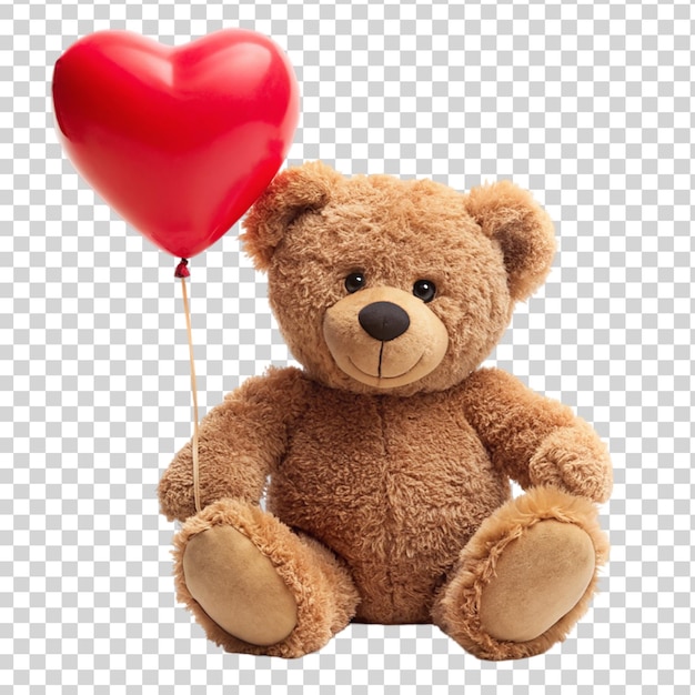 Teddy bear holding red heart balloon isolated on transparent background