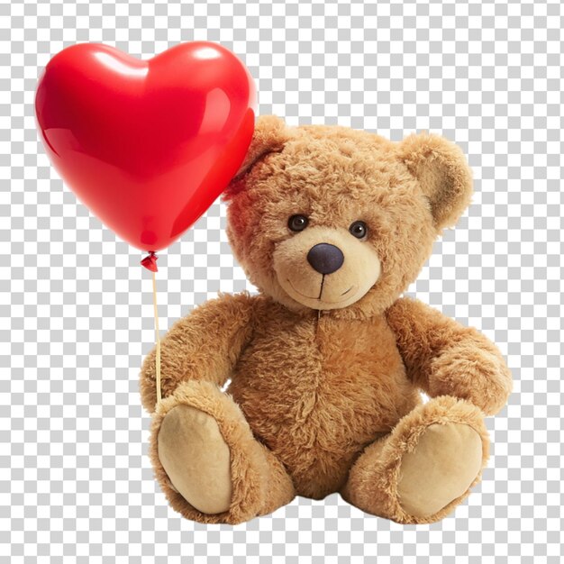 Teddy bear holding red heart balloon isolated on transparent background